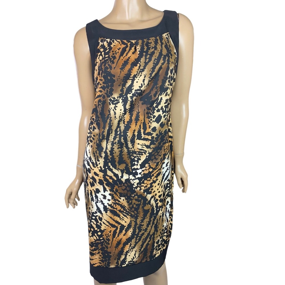 AB Studio Sheath Dress Brown Animal Print w Black Trim Sleeveless Size 14